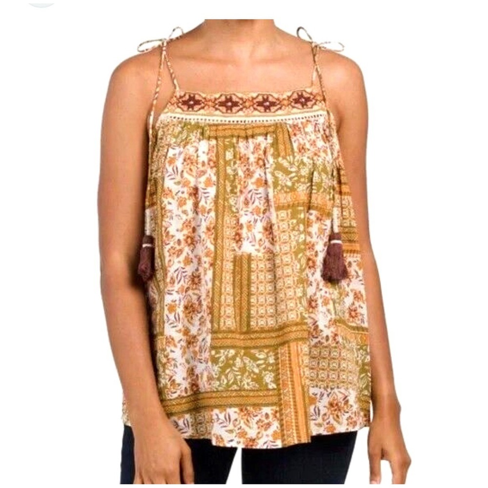 Artelier Nicole Miller Floral/Geometric Print Strap Embroidered Blouse M NWT